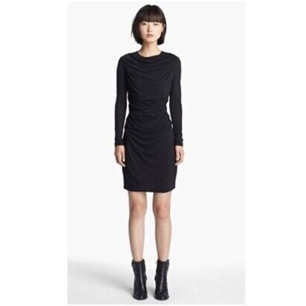 Helmut Lang Kinetic Jersey 2 Draped Ruched Long Sleeve Dress Black